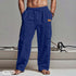 mens cotton linen workwear in navy blue, featuring drawstring closure and straight-leg style.