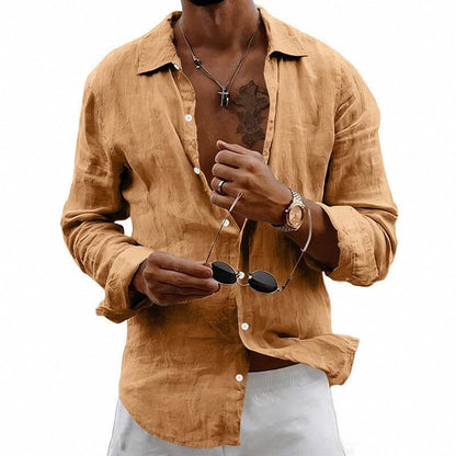 casual linen shirt Loose-fit Cardigan With A Lapel Collar Yellowish Brown