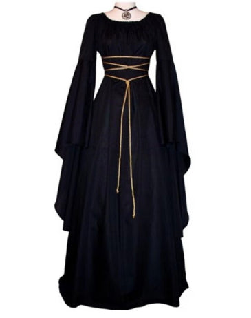 Halloween Long Sleeve Round Collar Belt Irregular Ladies Dress Halloween Witch Costume Black 3XL