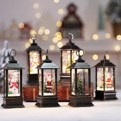 Christmas LED Flame Oil Lamp surrounded by decorative lanterns, adding festive ambiance to holiday decor.