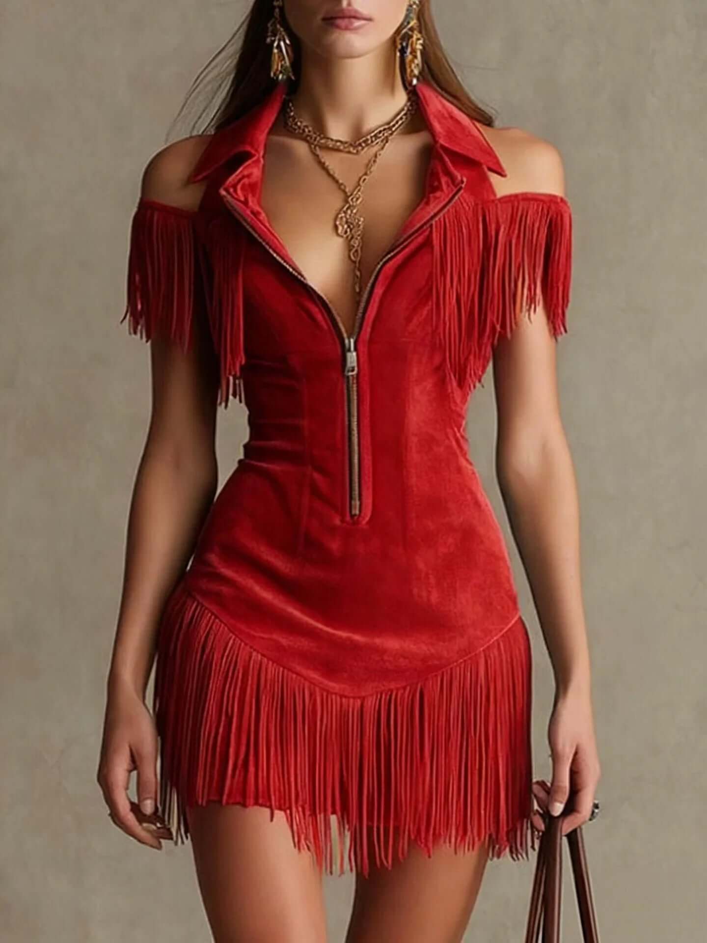 Off-Shoulder Dress Retro Suede Red