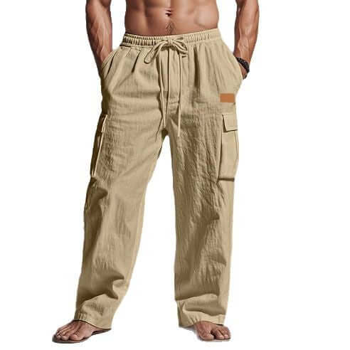 mens cotton linen workwear straight-leg pants in khaki with drawstring closure