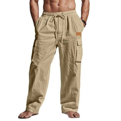 mens cotton linen workwear straight-leg pants in khaki with drawstring closure