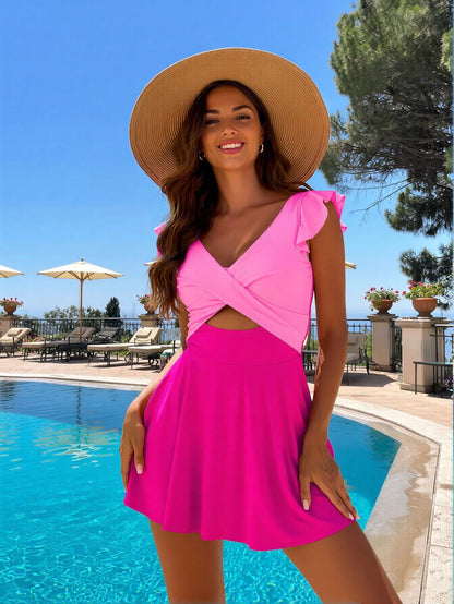 Pink Color Block Ruffle Sleeve Cutout Swim Dress