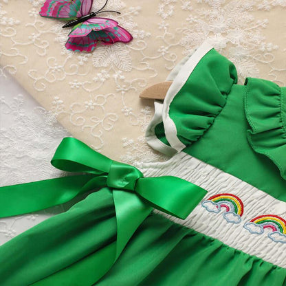 toddler dress with bow Ruffle Sleeve Dress Rainbow Embroidery