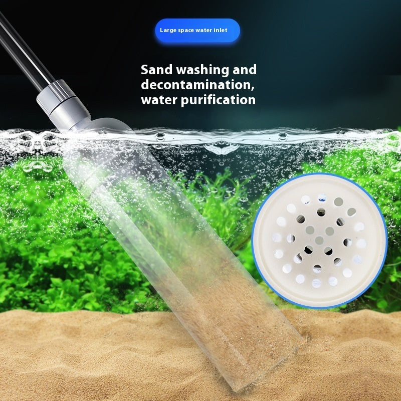 1.5m Grey Water Changer cleaning sand and debris from aquarium substrate with large water inlet for purification.