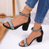 Rhinestone High Heel Sandals Summer Chunky Square Heel Sandals Open Toe Strappy Shoes Black