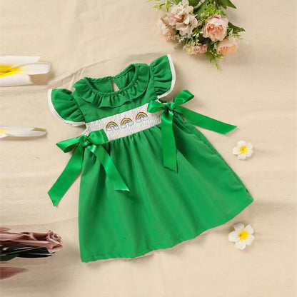 toddler dress with bow Ruffle Sleeve Dress Rainbow Embroidery