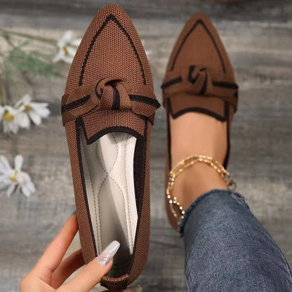 Fashion Pointed Toe Bow Flat Shoes For Women Lying Woven Slip-on Breathable Shoes Summer Coffee