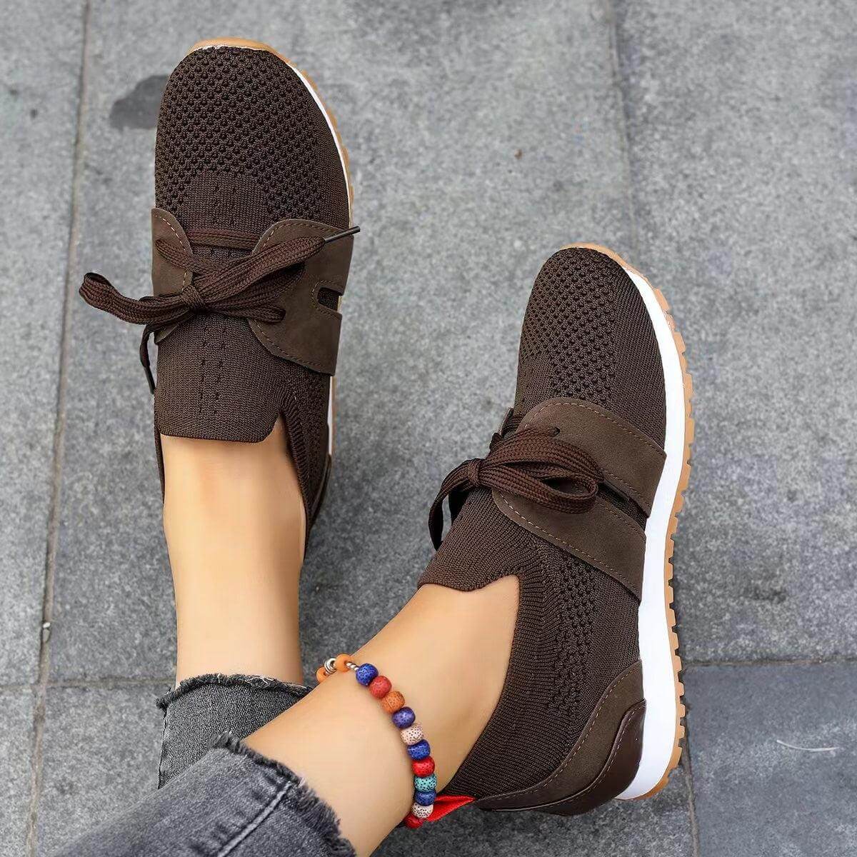 comfortable flats for women New Lace Up Mesh Flats Shoes For Women Dark Brown