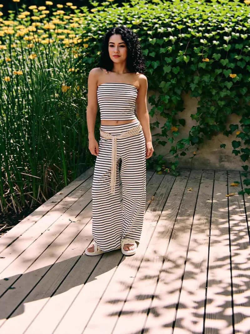 Printed Striped Tube Top And Pants Set White And Black Stripes