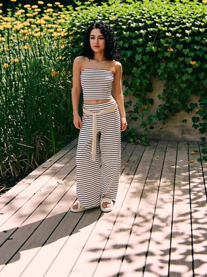 Printed Striped Tube Top And Pants Set White And Black Stripes