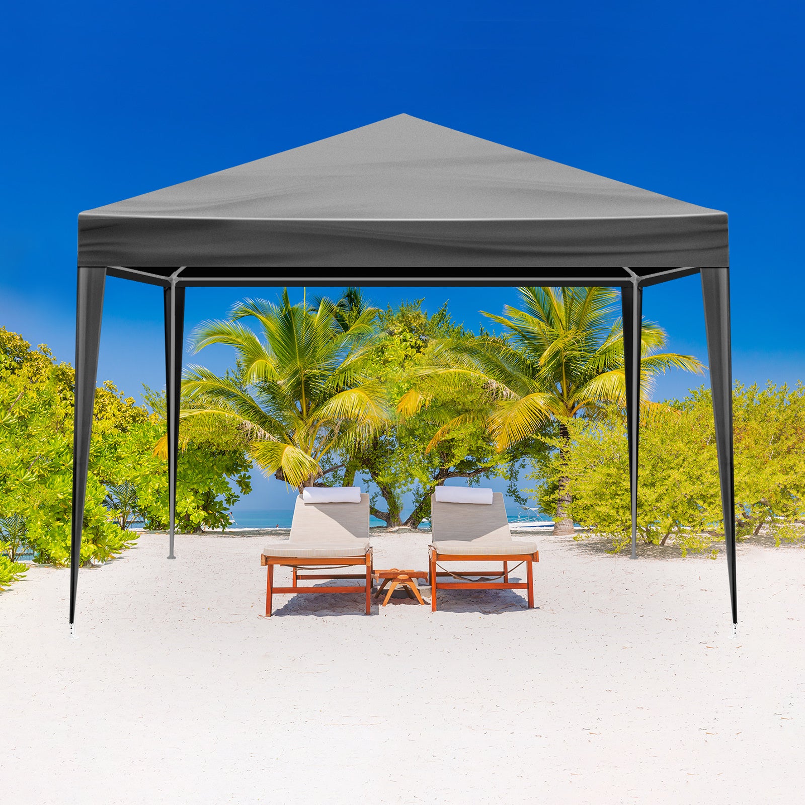 10x10ft Black, 4 Sides Pergola with PE Cloth and Sprayed Iron Pipe sheltering two beach chairs under blue sky.