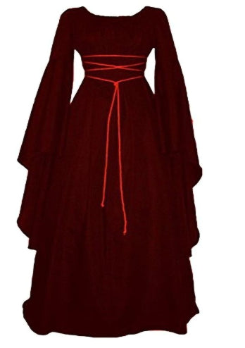 Halloween Long Sleeve Round Collar Belt Irregular Ladies Dress Halloween Witch Costume Wine red 3XL