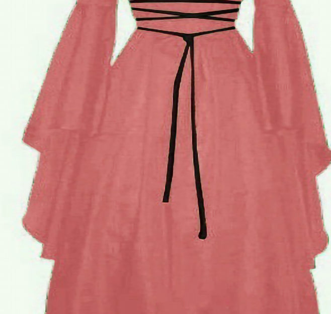 Halloween Long Sleeve Round Collar Belt Irregular Ladies Dress Halloween Witch Costume PINK L