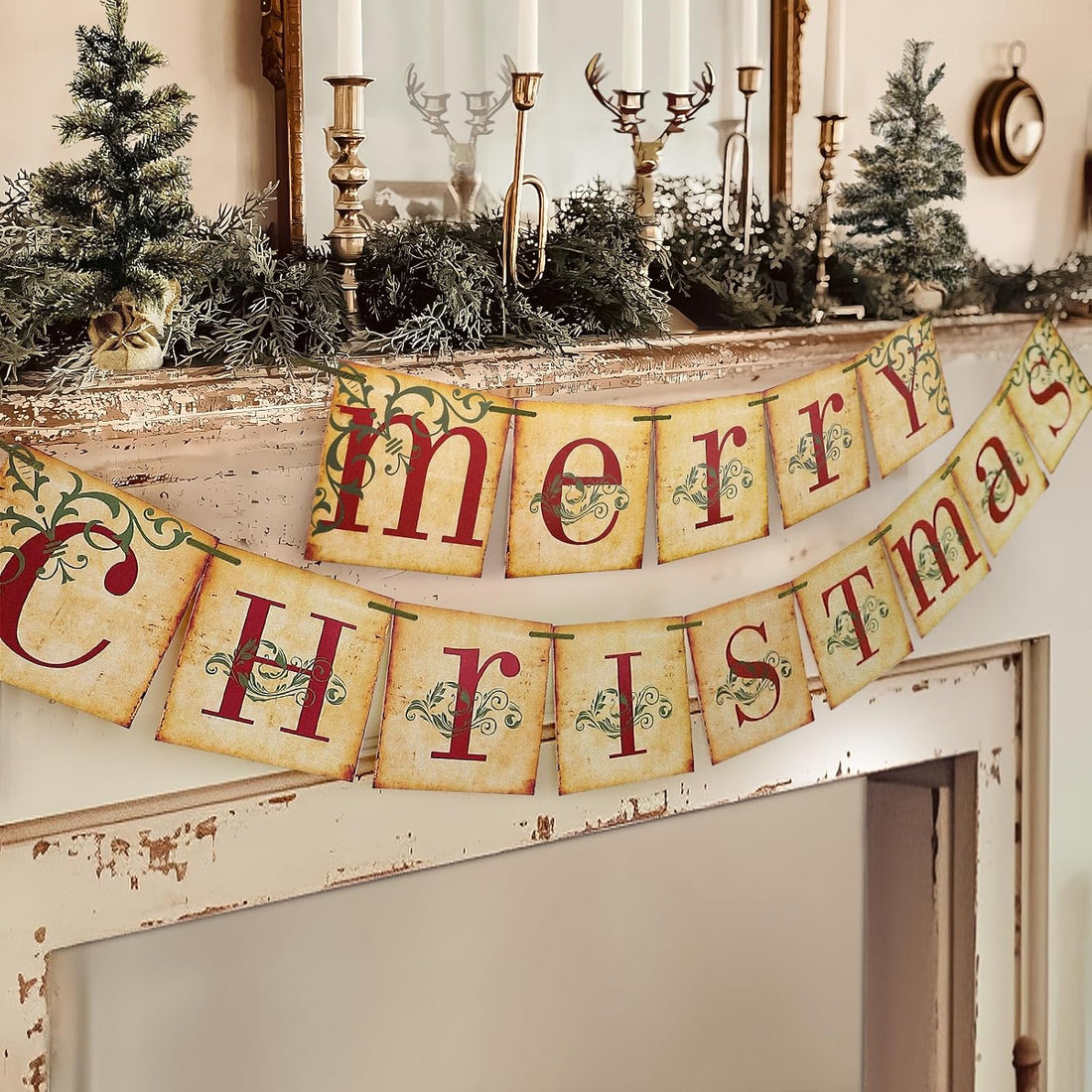 Christmas Decorations, Vintage Merry Christmas Banner, Rustic Holiday Hanging Decor For Home, Living Room, Fireplace, Wall &amp; Party MULTI