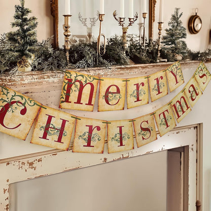 Christmas Decorations, Vintage Merry Christmas Banner, Rustic Holiday Hanging Decor For Home, Living Room, Fireplace, Wall &amp; Party MULTI