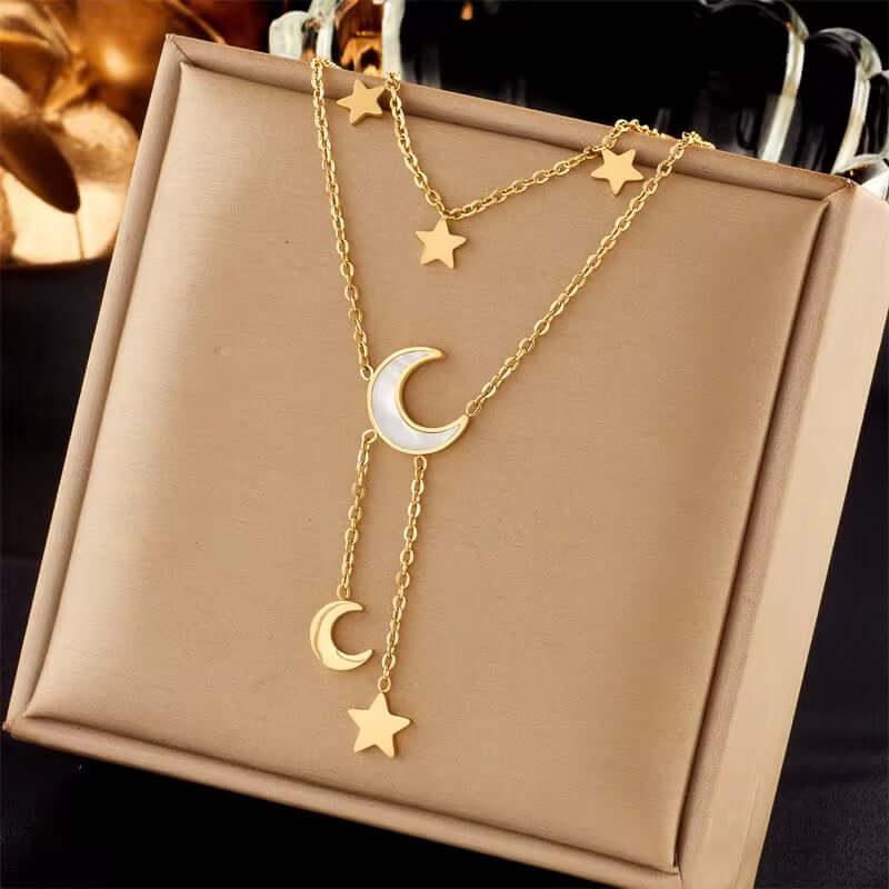layered gold necklace Moon And Stars Necklace