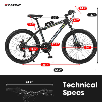 Durable mountain bike S24102 technical specifications and measurements, including frame size and wheel dimensions.