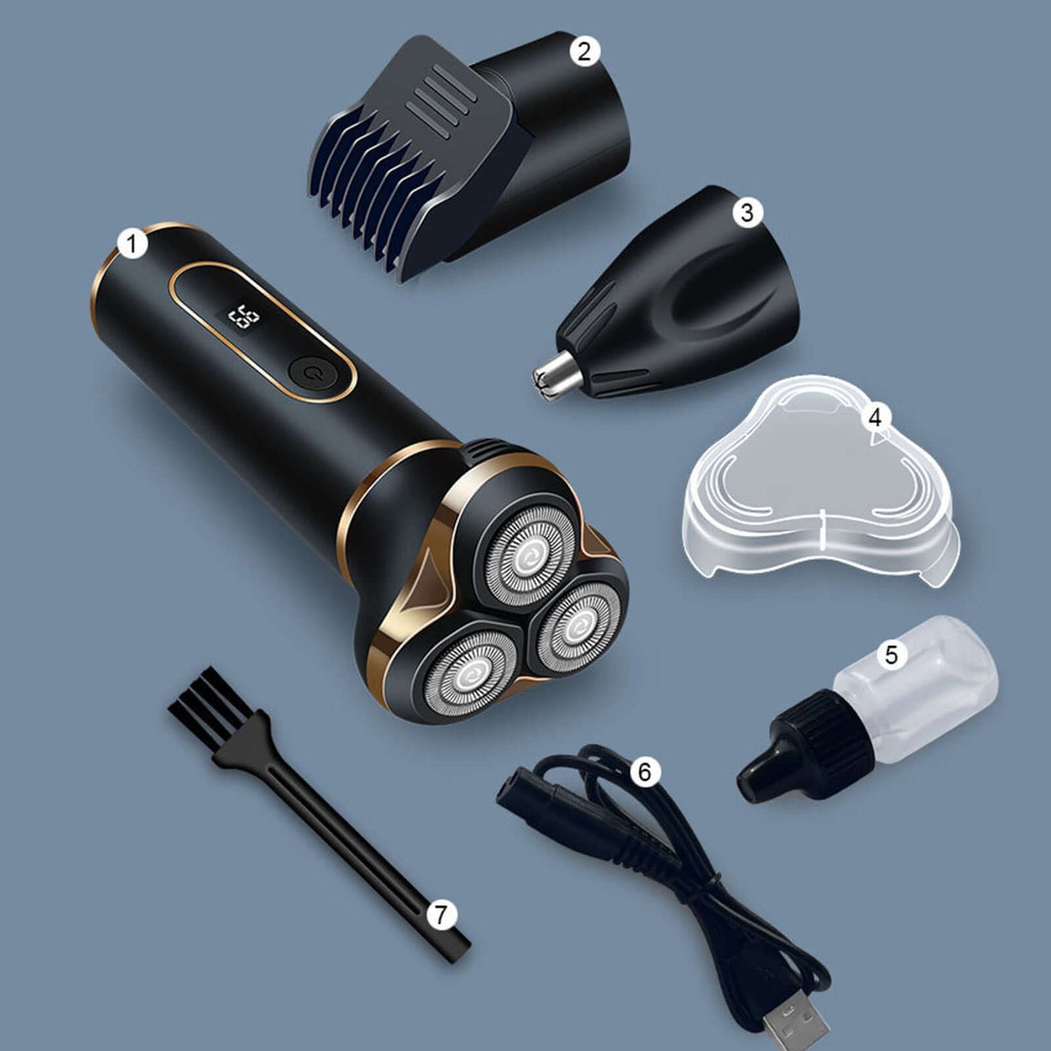 Electric shaving machine for men with accessories for grooming beards, hair, and nose.