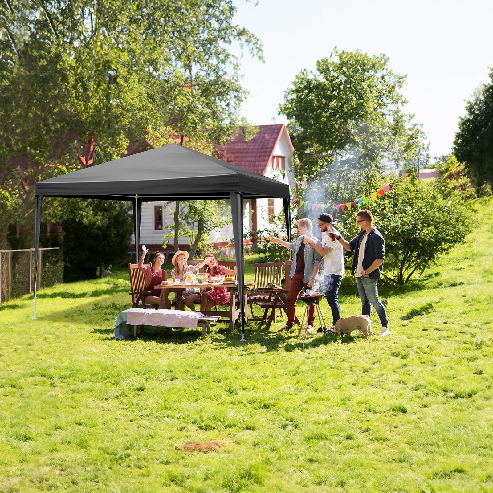 10x10ft Black, 4 Sides Pergola with PE Cloth and Sprayed Iron Pipe providing shade for outdoor gathering.
