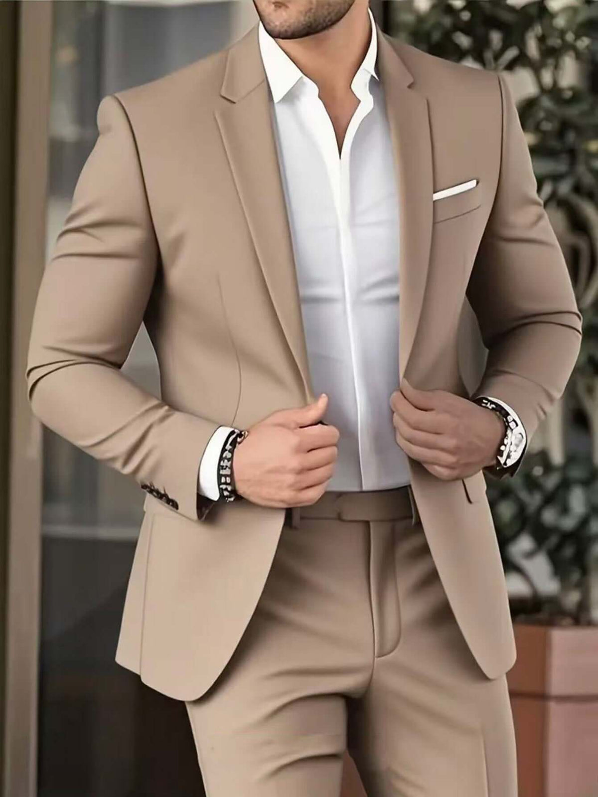 Elegant Banquet Gown Slim-Fit Fashionable Suit And Trousers For Men Khaki