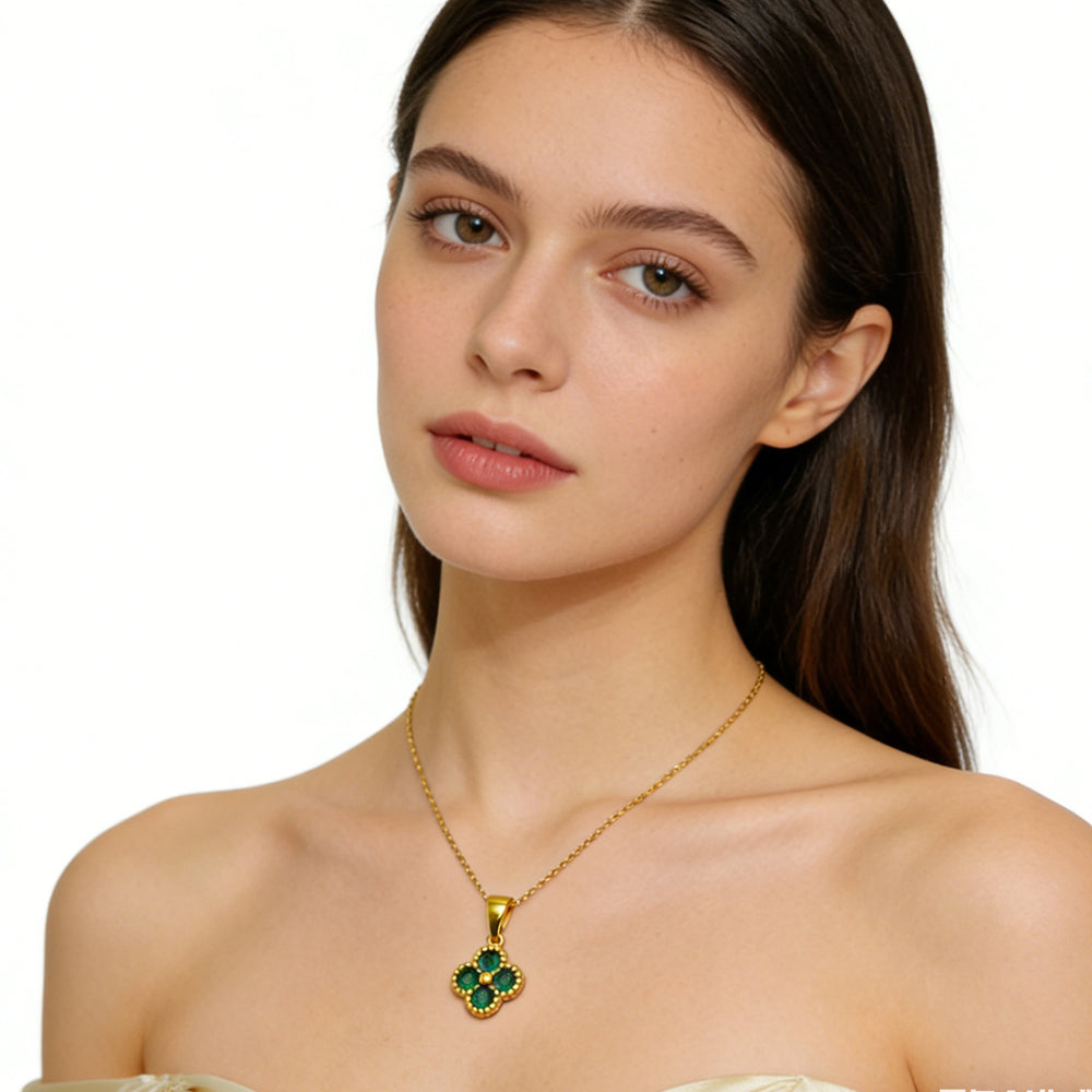 fashion gold necklace Green 4 Leaf Clover 24K Gold Necklace For Women