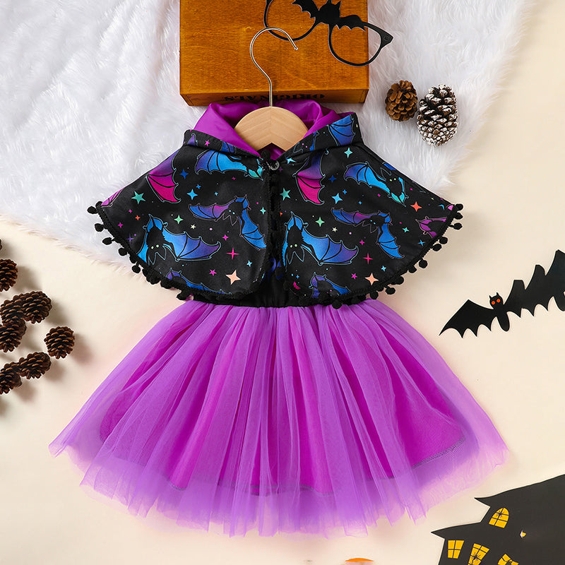 Little Girls 2Pcs Halloween Outfits Sleeveless Tulle Dress With Hooded Cloak Set Clothes