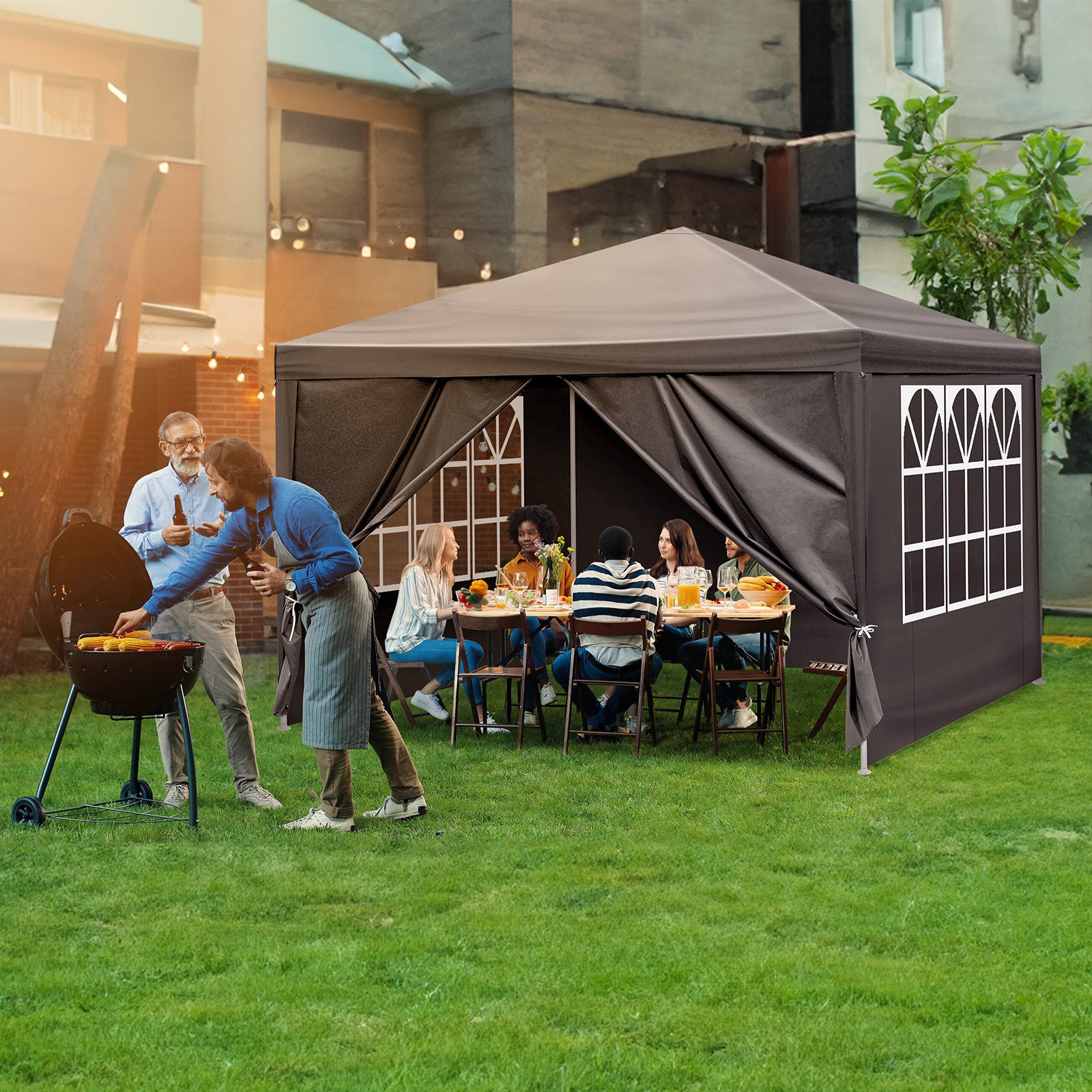 10x10ft Black, 4 Sides Pergola with PE Cloth and Iron Pipe frame providing shelter for outdoor gathering.