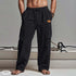 Black mens cotton linen workwear straight-leg pants with drawstring closure, perfect for young adults.