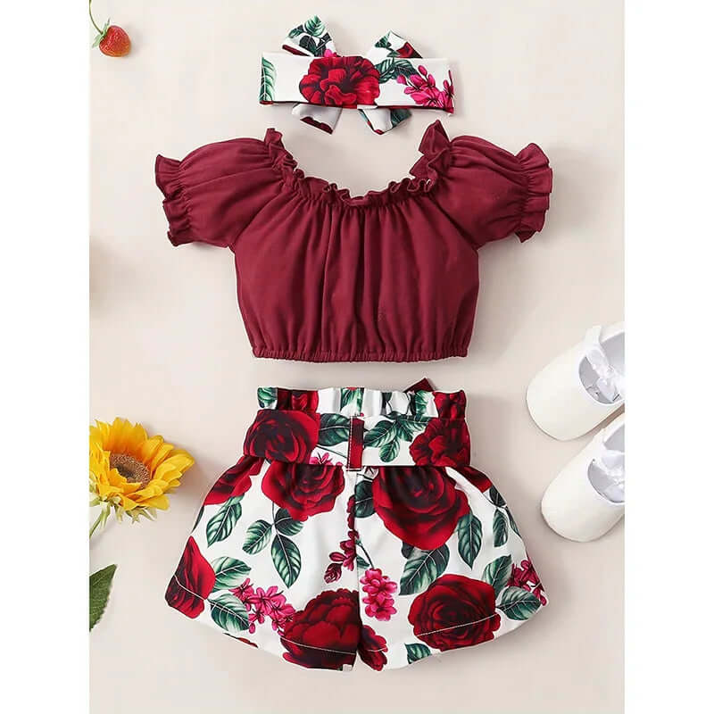 3pcs Summer Baby Outfit Set Short Sleeve Wine Red