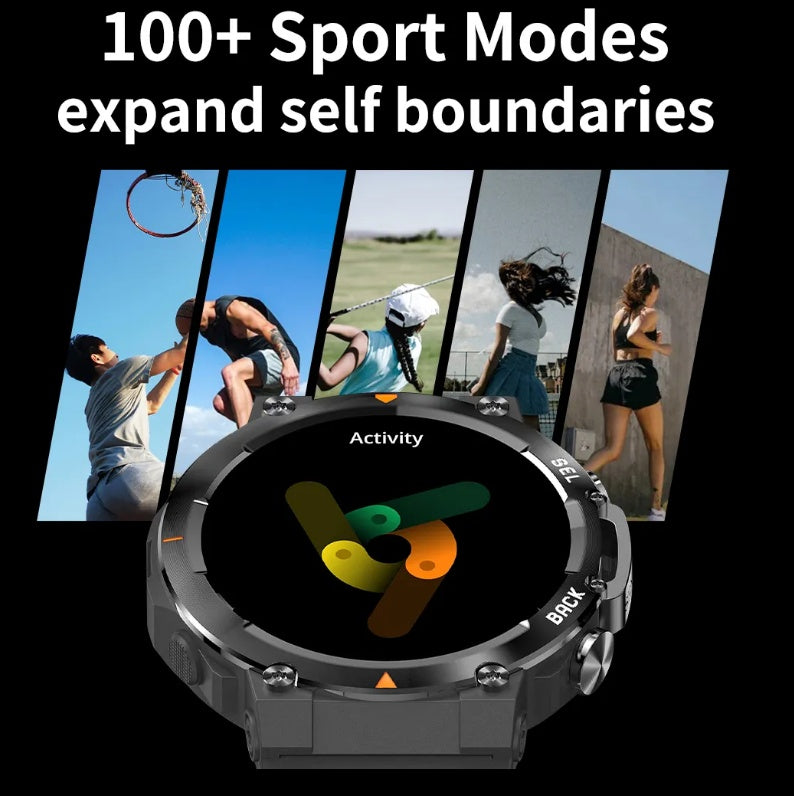 Smart Watch highlighting 100+ sport modes, showcasing features for an active lifestyle and fitness tracking.
