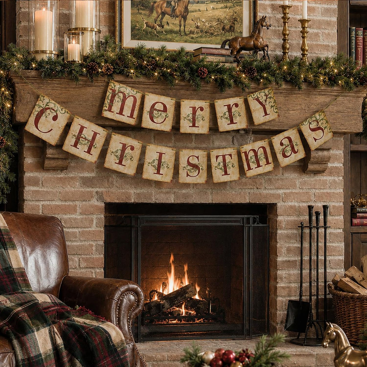 Christmas Decorations, Vintage Merry Christmas Banner, Rustic Holiday Hanging Decor For Home, Living Room, Fireplace, Wall &amp; Party