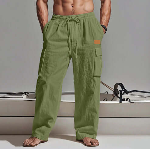 mens cotton linen workwear in army green, full-length, straight-leg pants with drawstring closure and slight stretch.