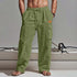 mens cotton linen workwear in army green, full-length, straight-leg pants with drawstring closure and slight stretch.