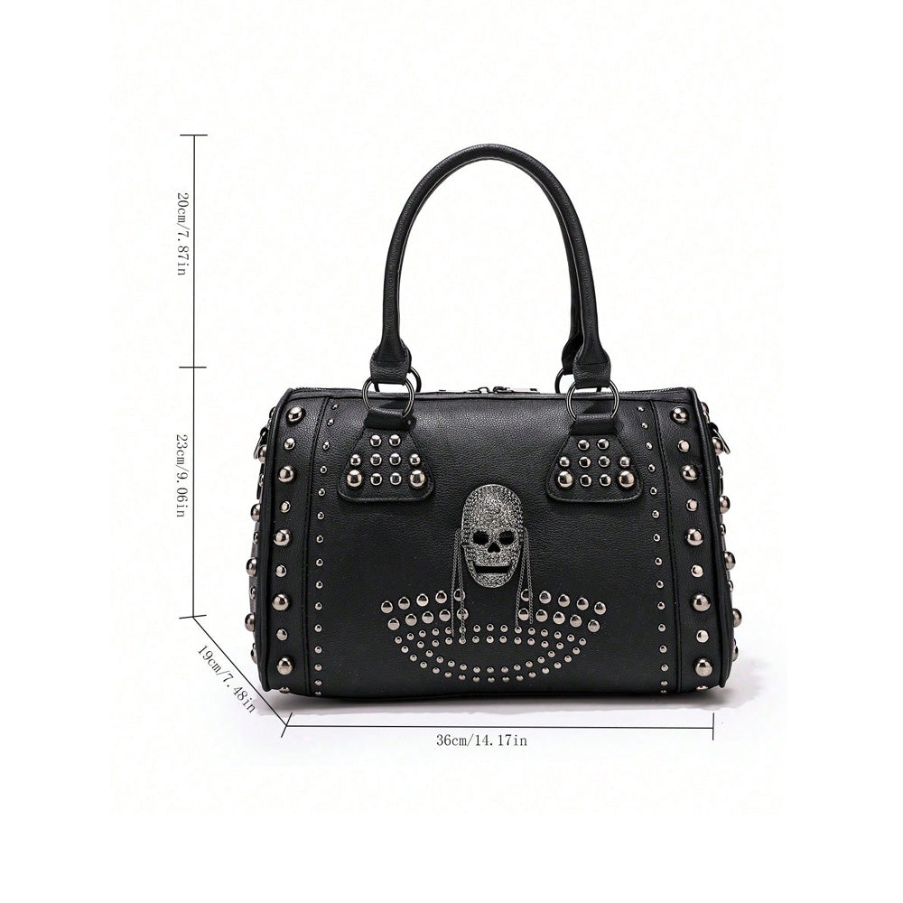 Gothic Punk Skull Rivet Handbag For Women, Halloween Studded PU Leather Large Capacity Shoulder Crossbody Bag, Halloween Party Cosplay Gift