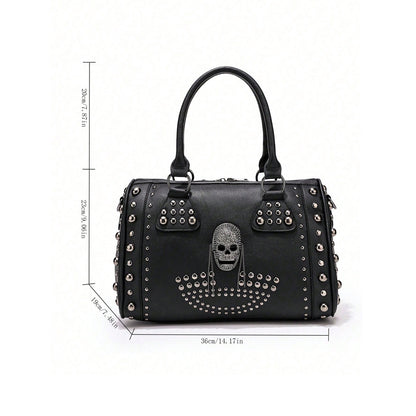 Gothic Punk Skull Rivet Handbag For Women, Halloween Studded PU Leather Large Capacity Shoulder Crossbody Bag, Halloween Party Cosplay Gift