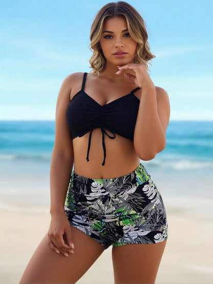 2026 New Solid Black Ruched Crop Swim Top, Jungle Leaf Print High Cut Conservative Bathing Suit Set