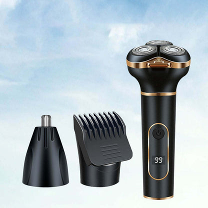 Electric shaving machine for men with trimmer attachments for beard, nose hair, and sideburns.