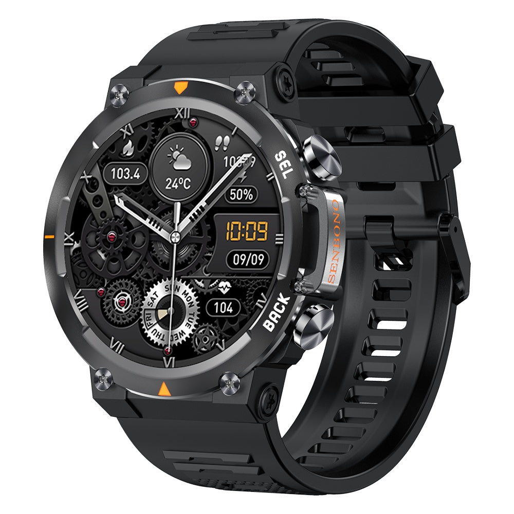 Smart Watch with a black strap and intricate mechanical design, featuring a digital display and multiple function buttons.