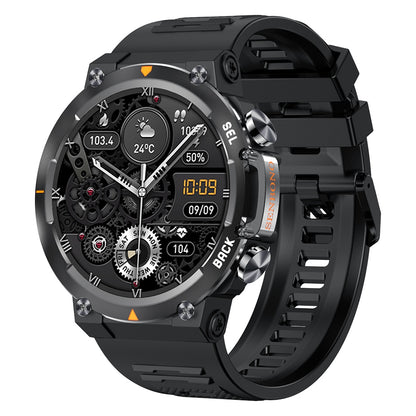 Smart Watch with a black strap and intricate mechanical design, featuring a digital display and multiple function buttons.