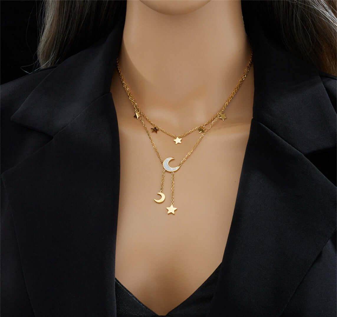 layered gold necklace Moon And Stars Necklace Color Color