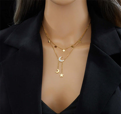 layered gold necklace Moon And Stars Necklace Color Color