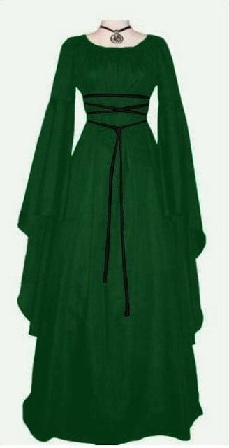 Halloween Long Sleeve Round Collar Belt Irregular Ladies Dress Halloween Witch Costume Green