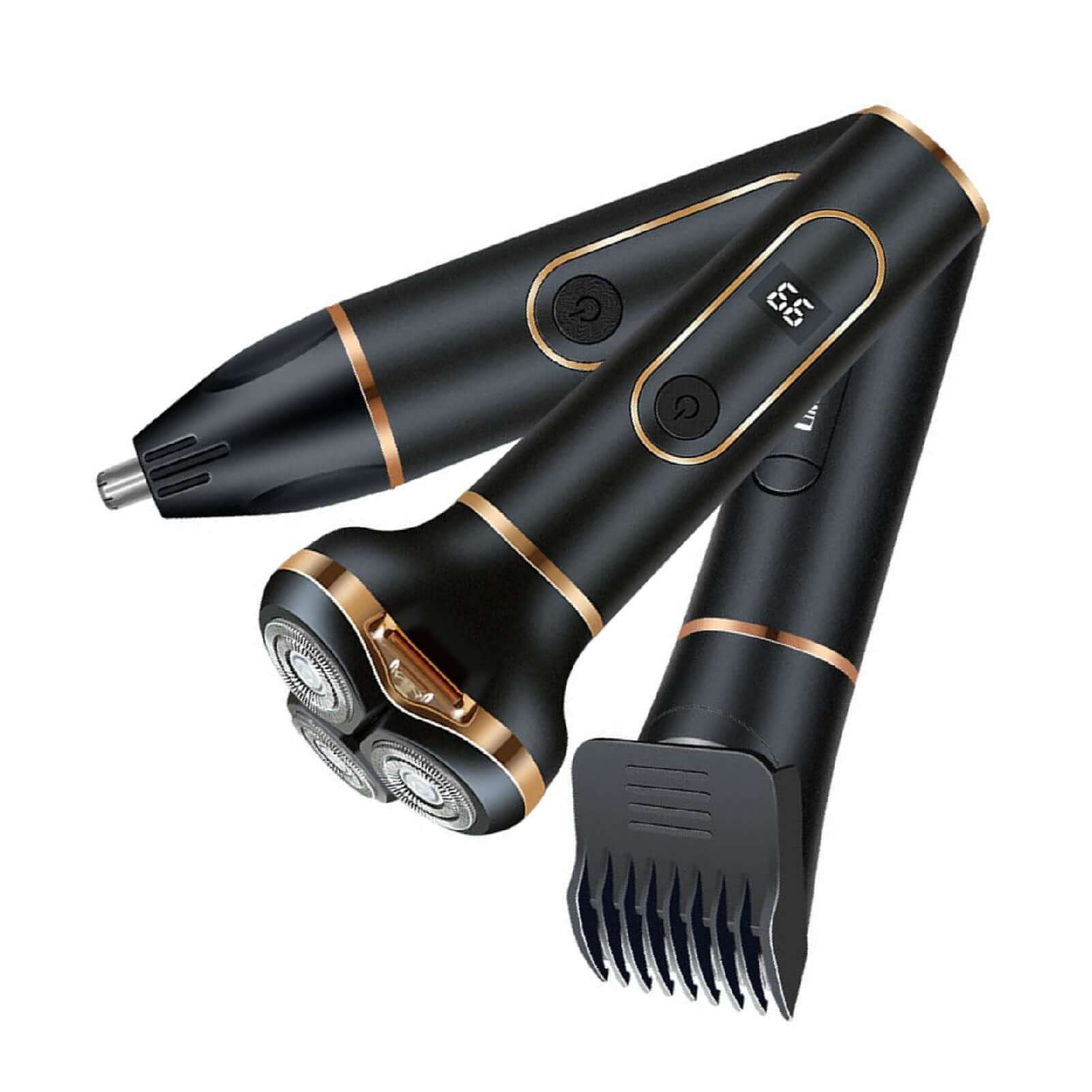 Electric shaving machine for men 3 in 1 design for effective grooming of beard, nose hair, and sideburns.