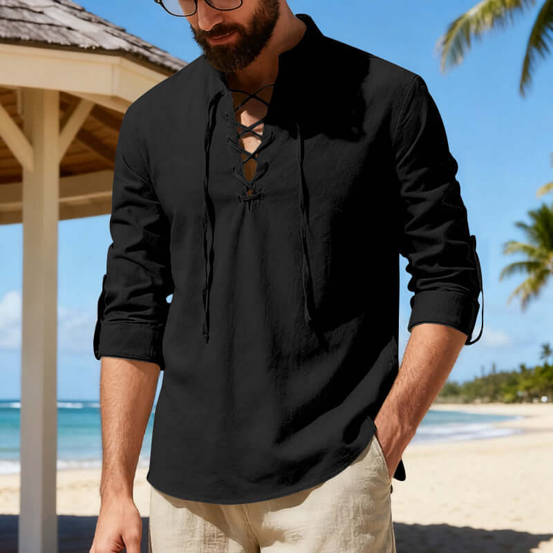 Mens Casual Long-sleeve Linen Henley Shirt Black