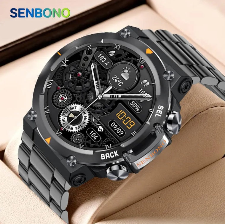 Smart Watch featuring a black stainless steel design with multiple dials and a digital display, showcasing its functionalities.