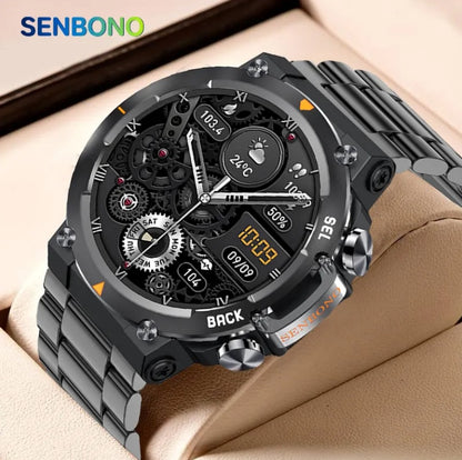 Smart Watch featuring a black stainless steel design with multiple dials and a digital display, showcasing its functionalities.
