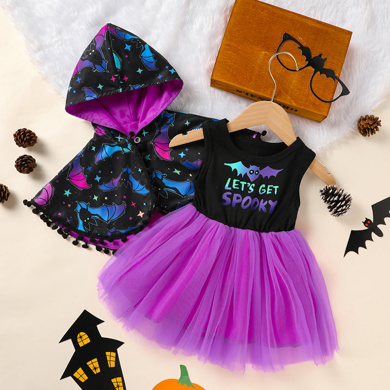 Little Girls 2Pcs Halloween Outfits Sleeveless Tulle Dress With Hooded Cloak Set Clothes Black