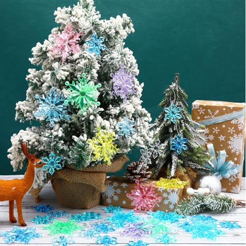 60PcsChristmas Winter Snowflake Ornaments Winter SnowflakeHanging Snowflake Ornaments For Tree, Crystal Pendants With Rope, For Holiday Party DIY Decor,Multicolor